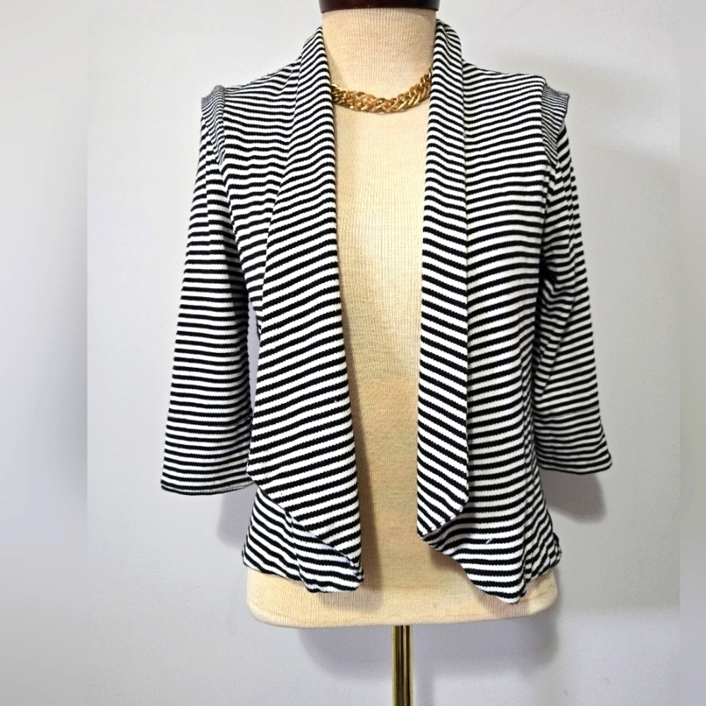 MELISSA NEPTON black And White Striped Open Front Cardigan. Size Small